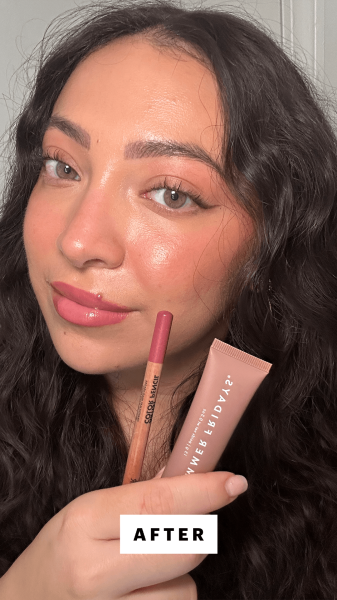 San Miguel after applying the MakeUp For Ever Lip Pencil in Boundless Berry  Summer Fridays Butter Balm in Vanilla Beige